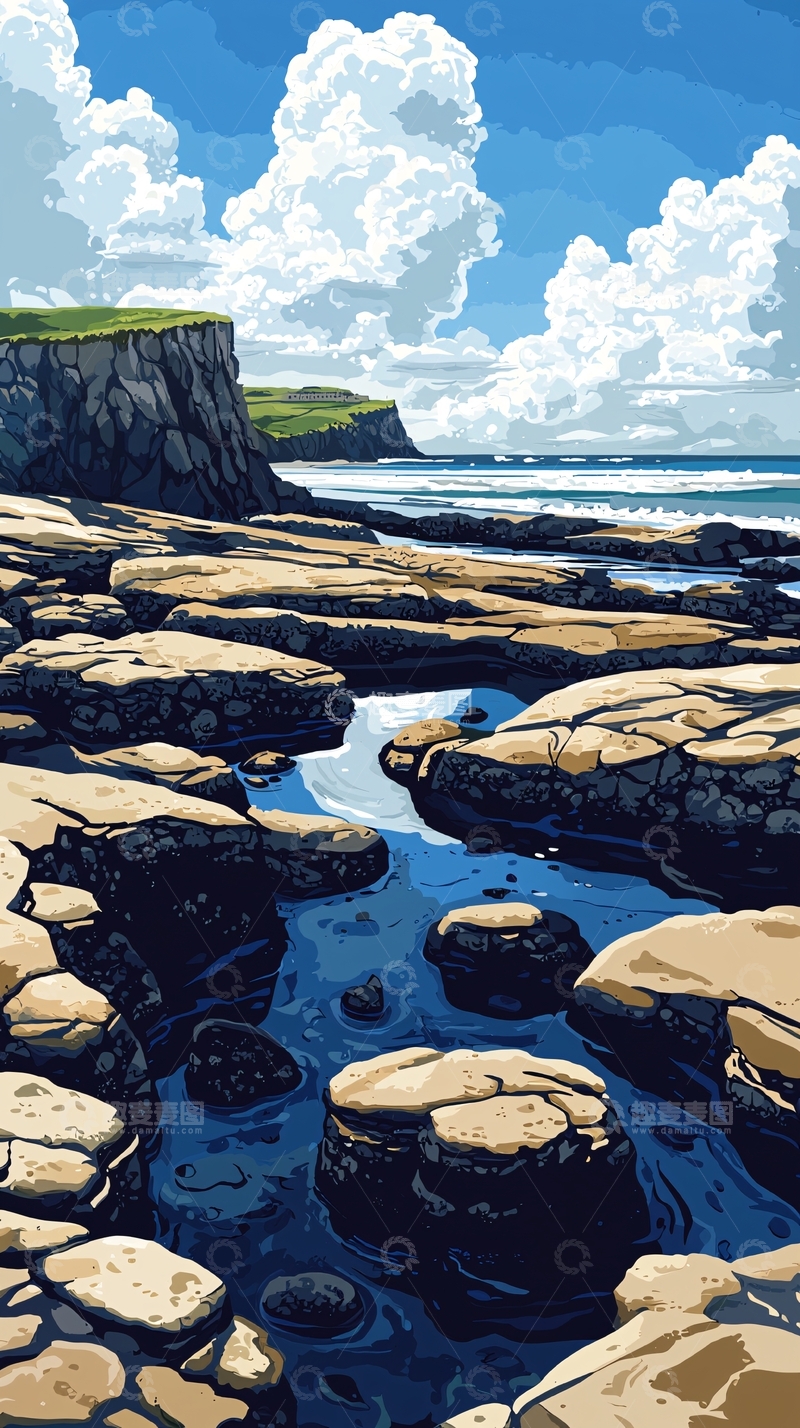 高清大图下载【趣麦麦图】海岸线岩石水坑晴天
