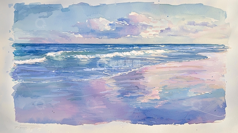 高清大图下载【趣麦麦图】宁静海滩水彩画