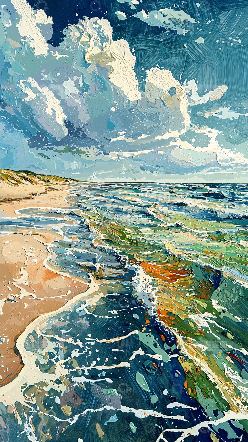 高清大图下载【趣麦麦图】海滩波浪油画风格