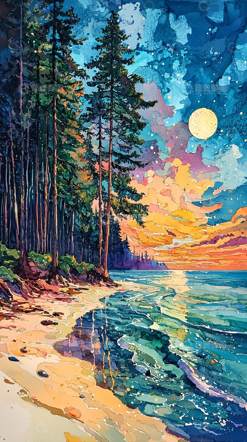高清大图下载【趣麦麦图】月夜海边的水彩松树林