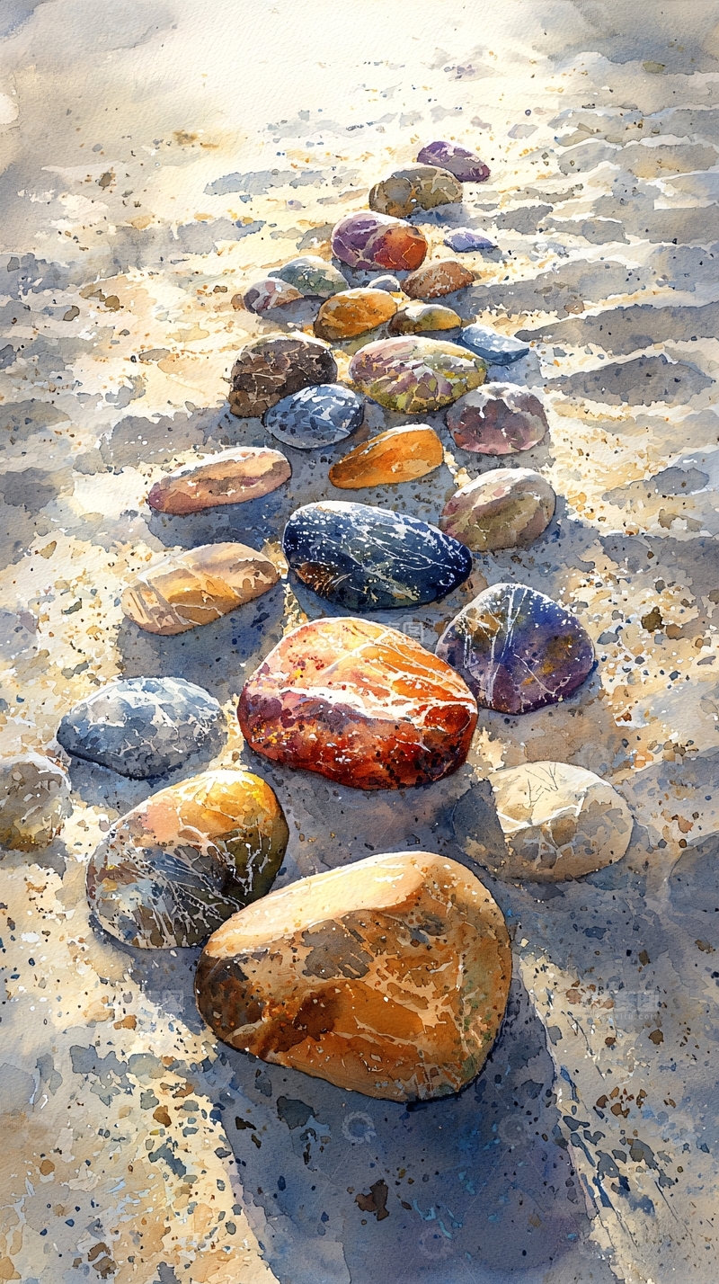 高清大图下载【趣麦麦图】沙滩上的彩色石头小路