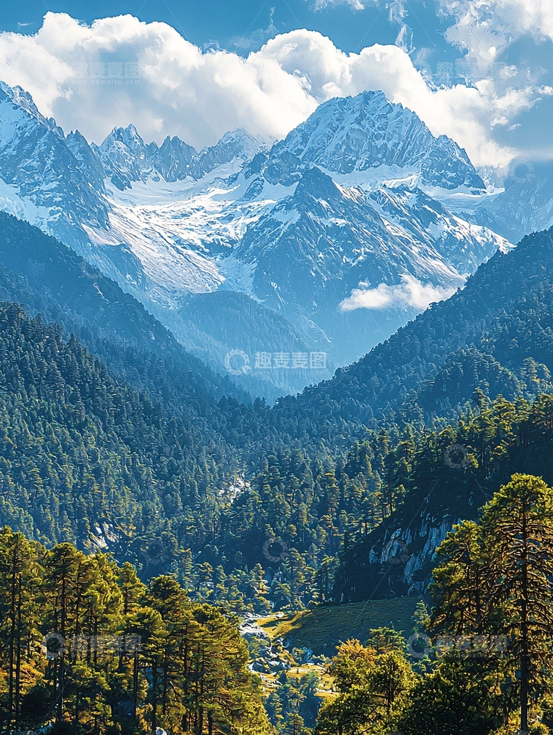 高清大图下载【趣麦麦图】壮丽雪山下的绿色森林