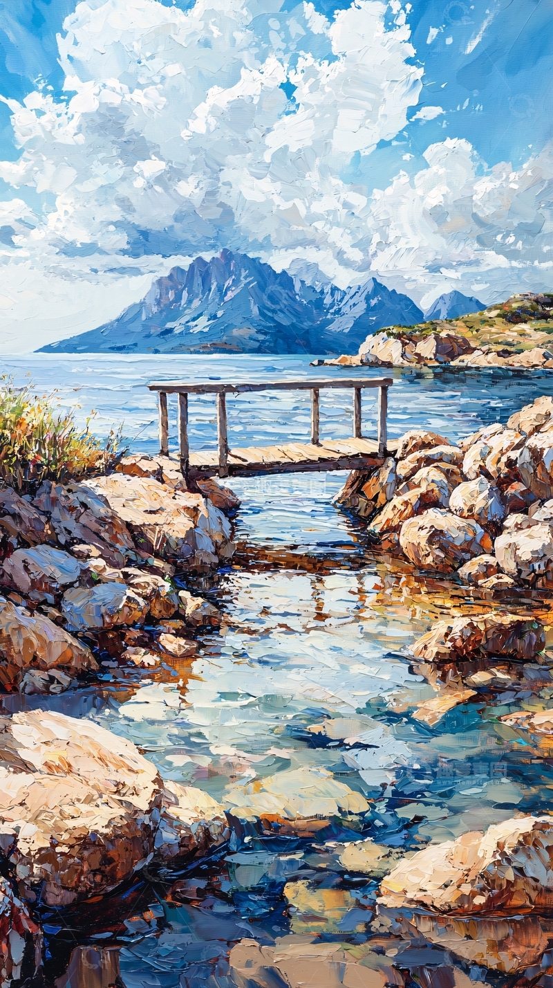 高清大图下载【趣麦麦图】海边山景小桥流水油画