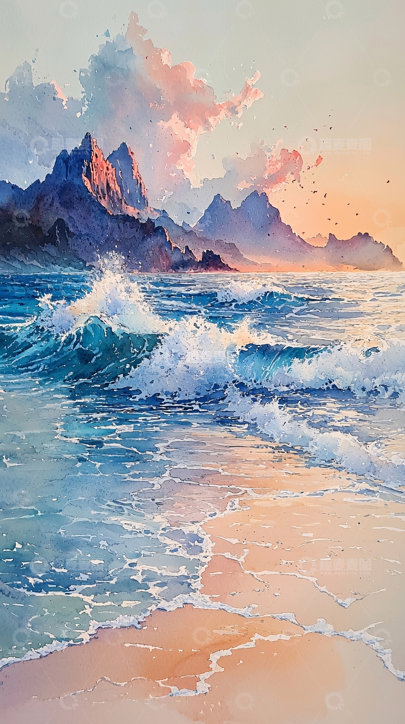 高清大图下载【趣麦麦图】海浪拍打海岸的山景水彩画