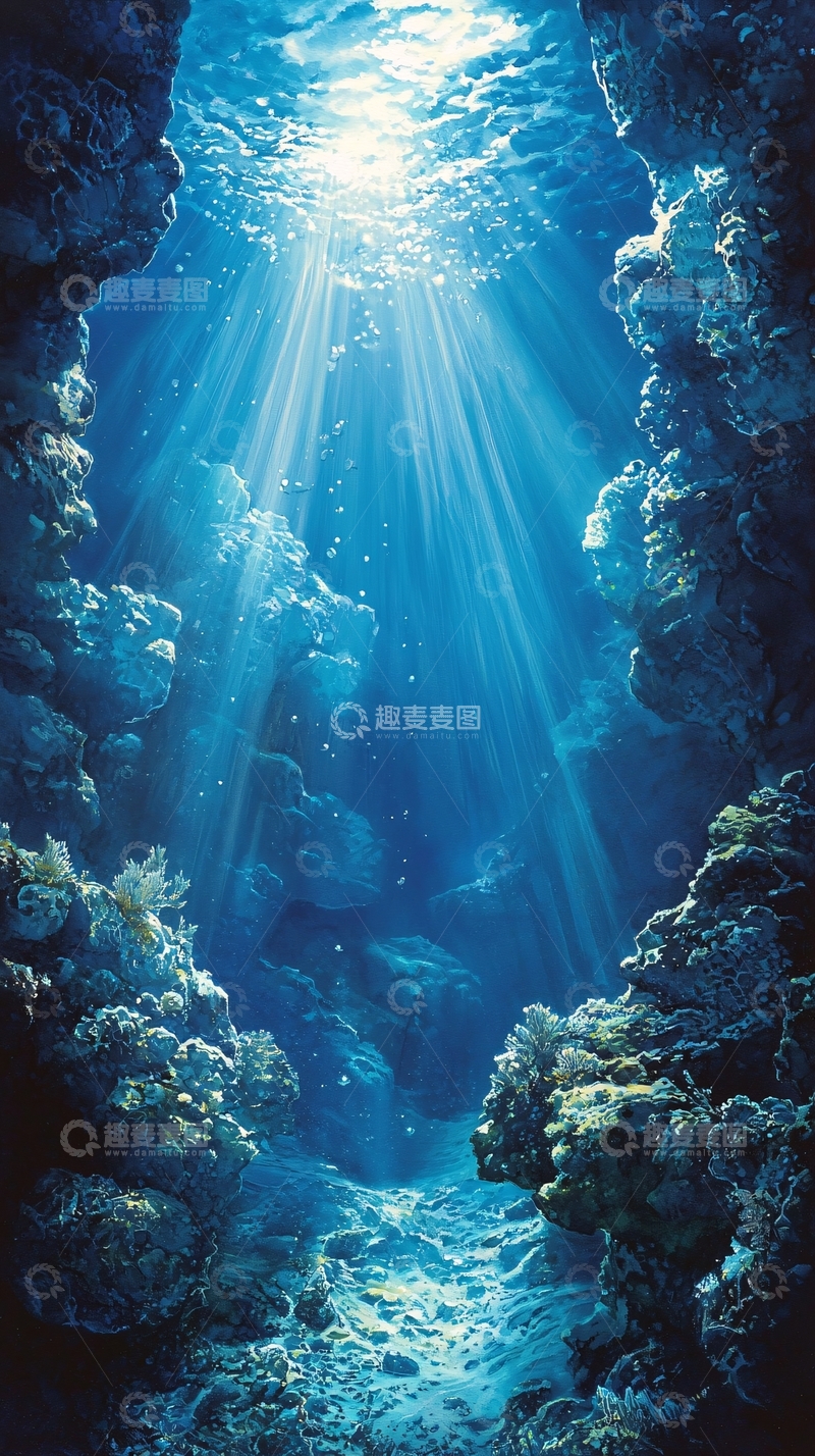 高清大图下载【趣麦麦图】深海光束穿透海底岩石