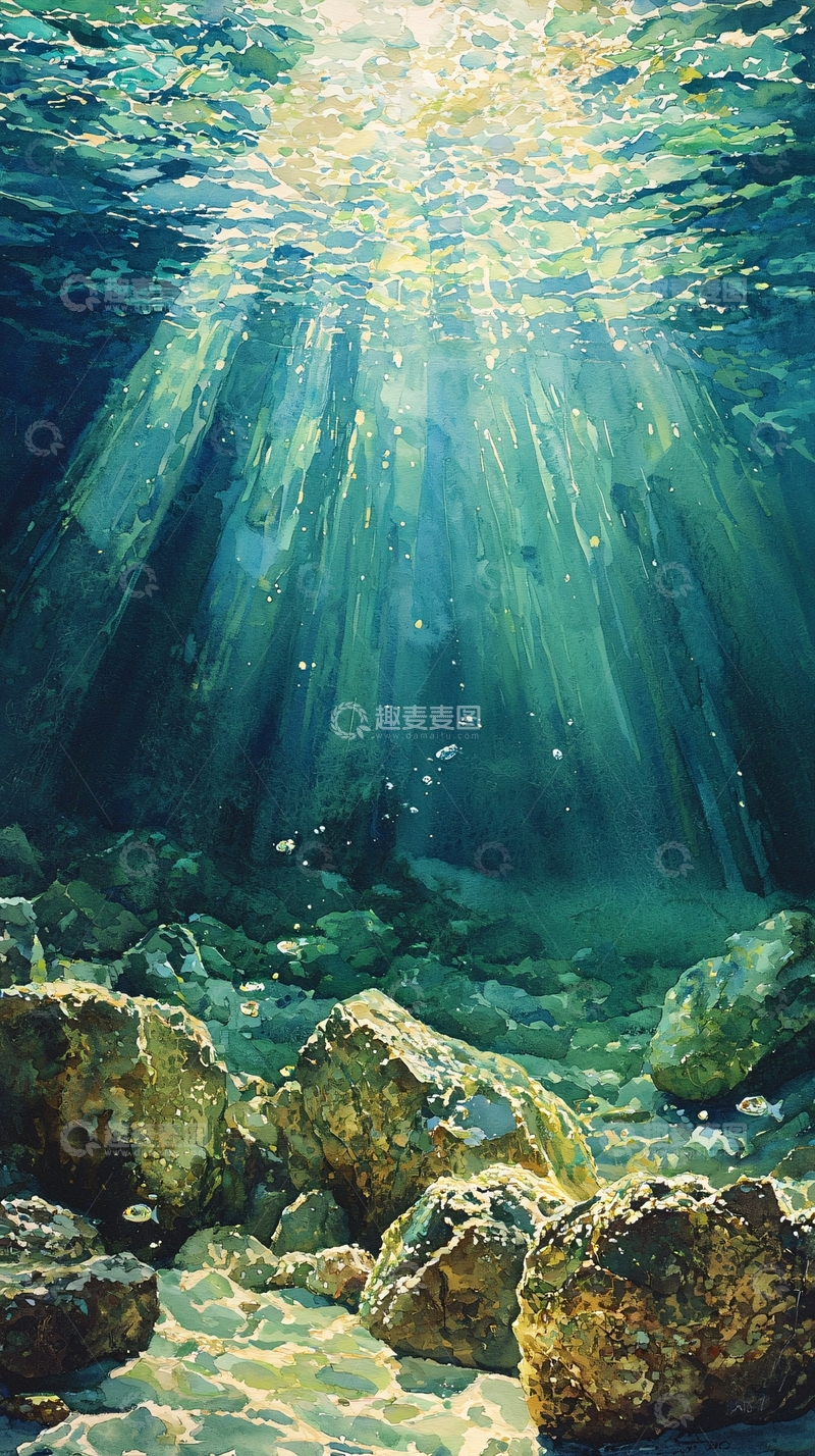 高清大图下载【趣麦麦图】水下光线穿透石头