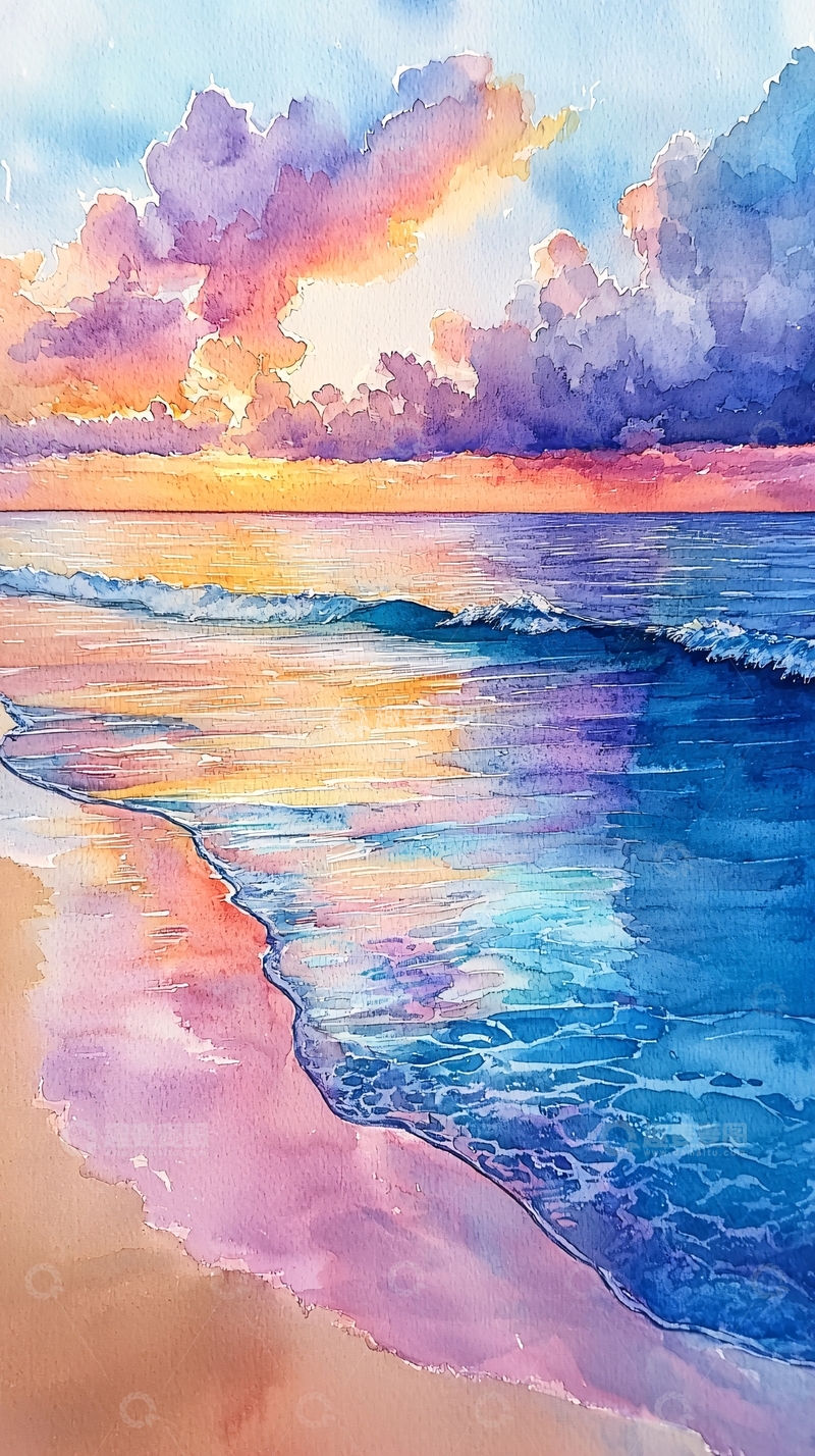 高清大图下载【趣麦麦图】水彩风格的日落海景