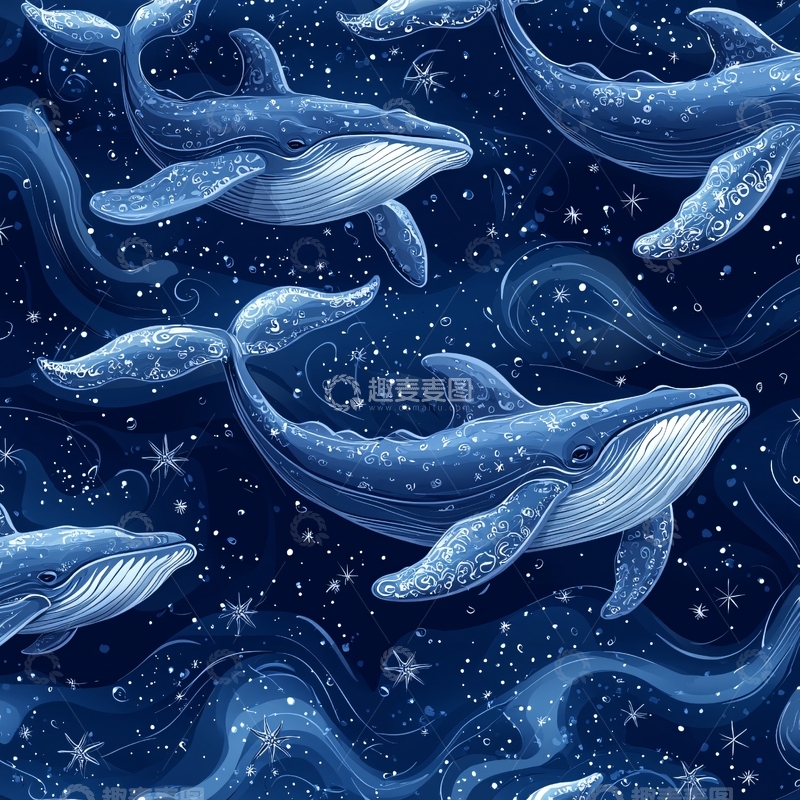 高清大图下载【趣麦麦图】蓝色鲸鱼星空背景图案