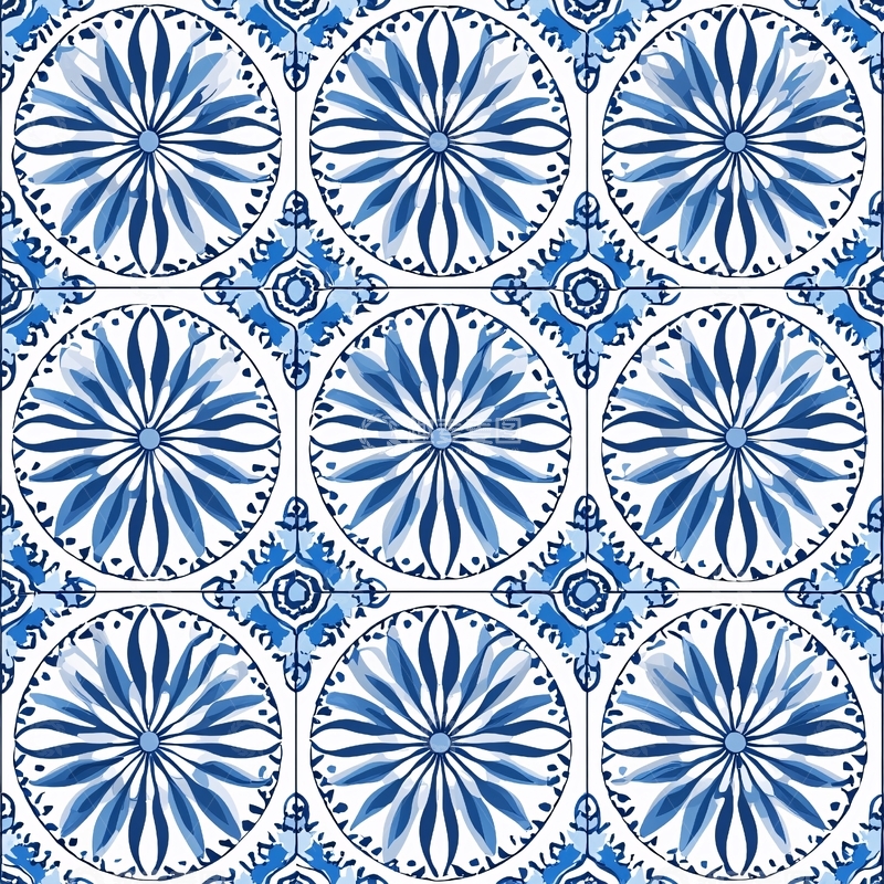 高清大图下载【趣麦麦图】蓝色花朵瓷砖图案