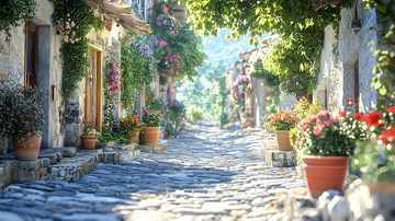 鲜花点缀的古朴小巷