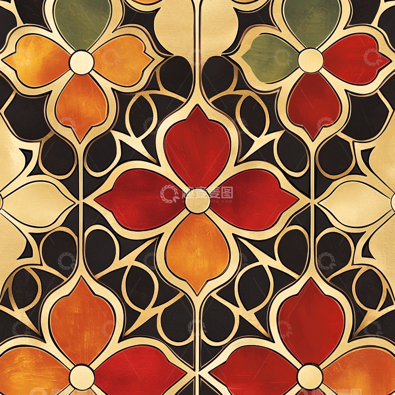 高清大图下载【趣麦麦图】彩色花卉图案复古风格