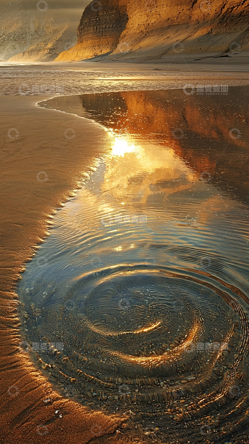 高清大图下载【趣麦麦图】金色沙滩上的漩涡倒影