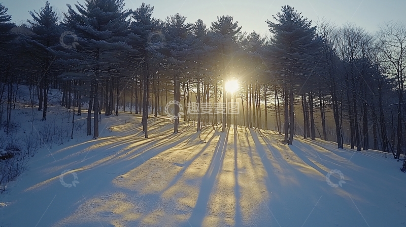 高清大图下载【趣麦麦图】雪地森林阳光穿透