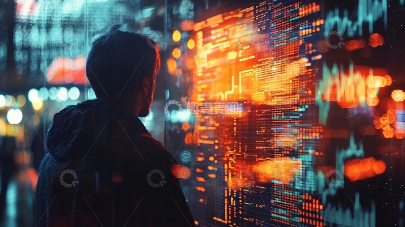 高清大图下载【趣麦麦图】黑夜中的人凝视数据屏幕