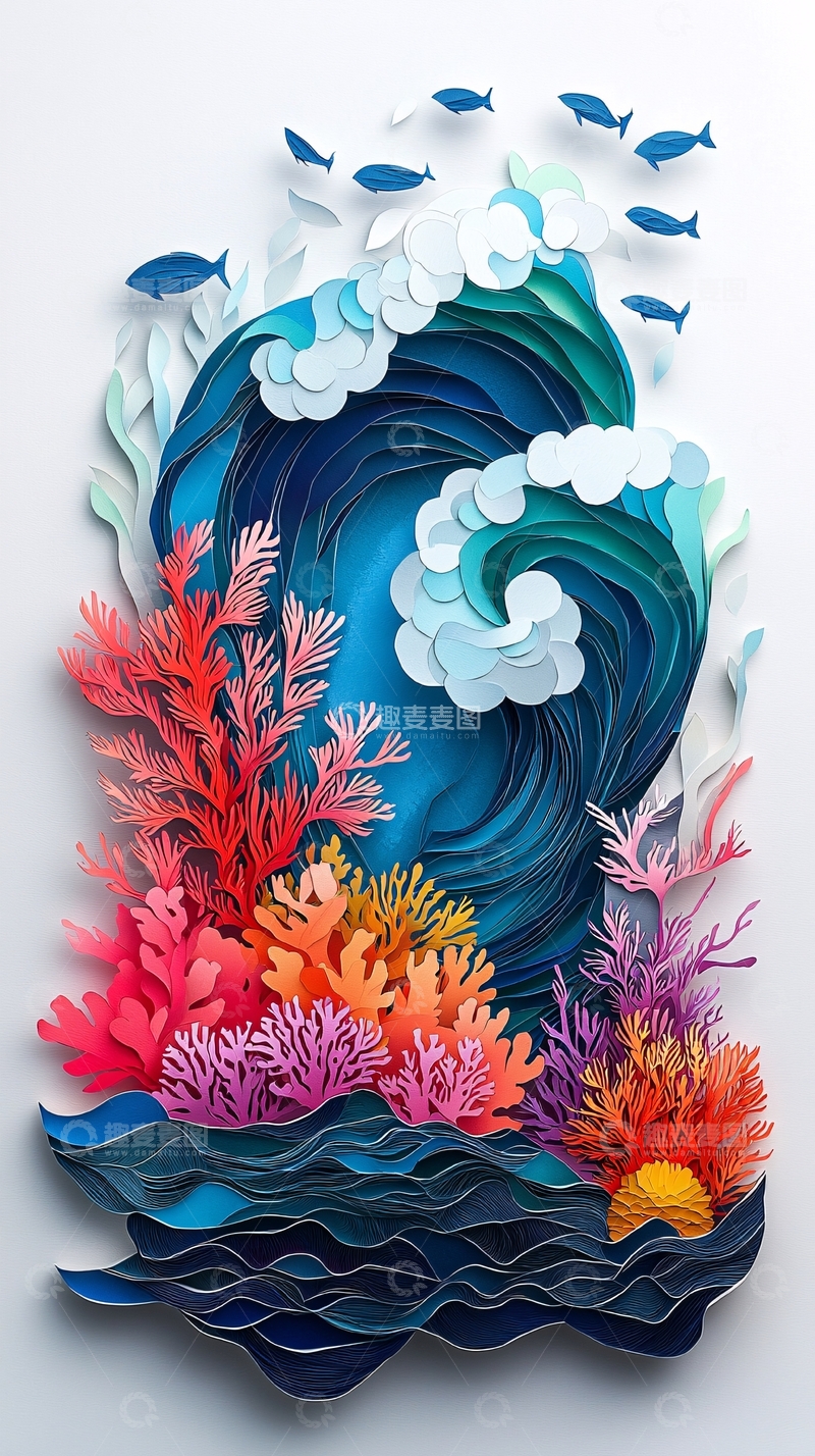 高清大图下载【趣麦麦图】纸艺海浪珊瑚鱼群