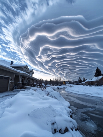 波浪状云彩覆盖雪景小镇