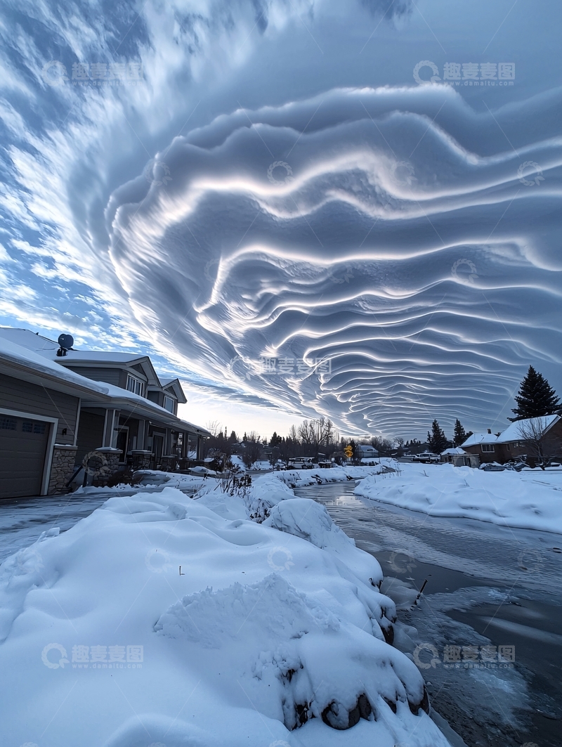 高清大图下载【趣麦麦图】波浪状云彩覆盖雪景小镇