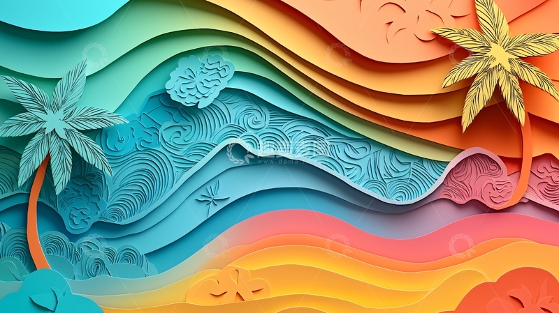 高清大图下载【趣麦麦图】彩色纸艺海滩椰树