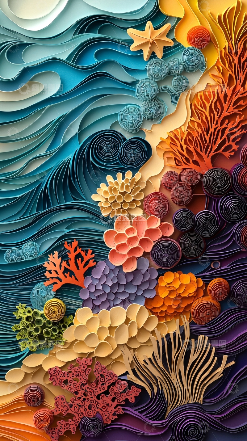 高清大图下载【趣麦麦图】海边珊瑚礁的纸艺画