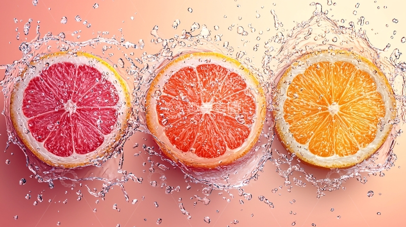 高清大图下载【趣麦麦图】新鲜多汁的柑橘切片与水花