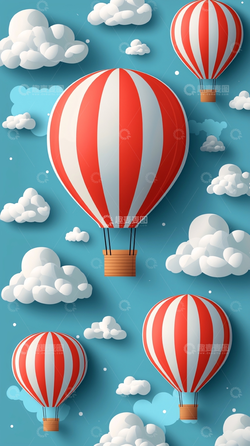 高清大图下载【趣麦麦图】红色条纹热气球与云朵