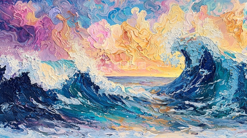 高清大图下载【趣麦麦图】油画风海浪日落景观