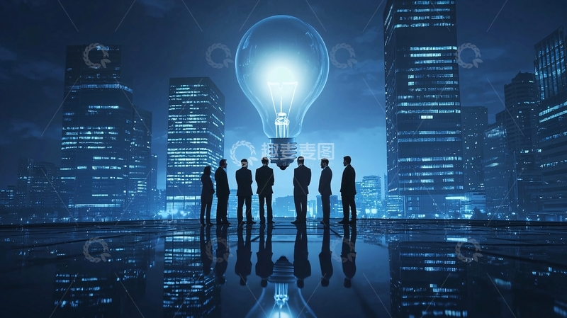 高清大图下载【趣麦麦图】夜空中巨大的灯泡与城市剪影