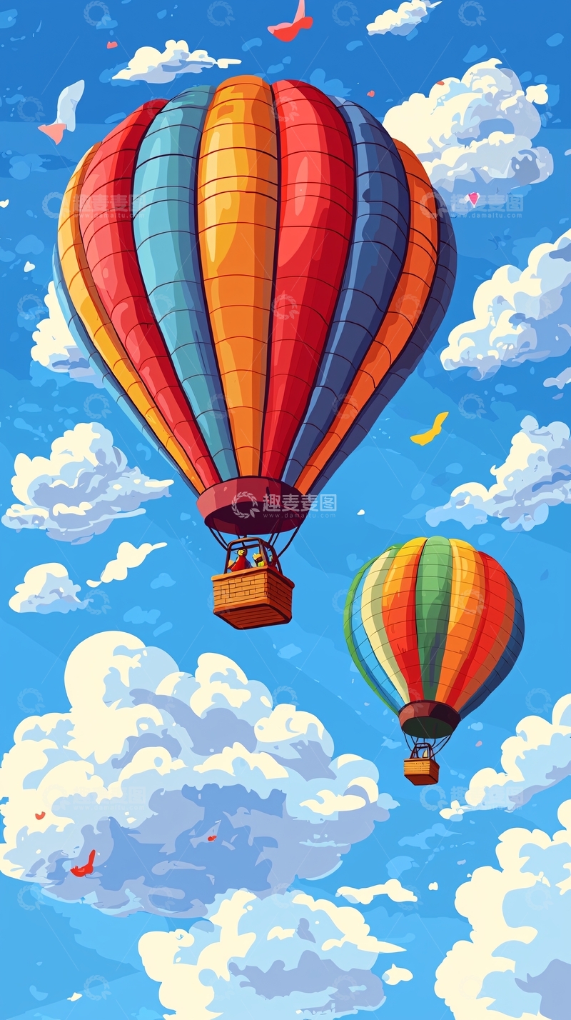 高清大图下载【趣麦麦图】彩色热气球在蓝天白云间