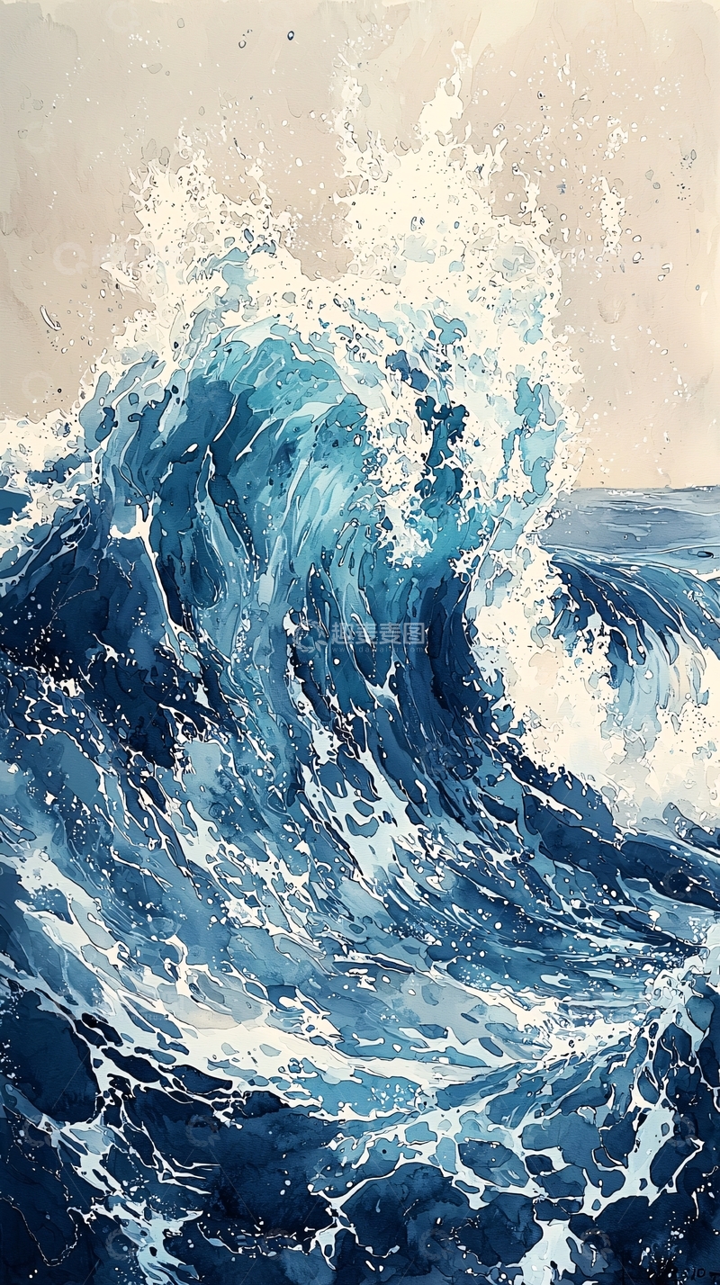 高清大图下载【趣麦麦图】水彩画海浪汹涌澎湃