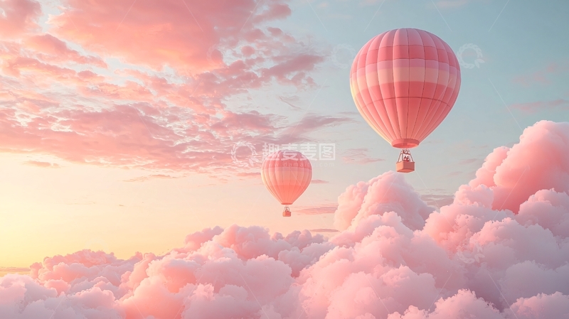高清大图下载【趣麦麦图】粉色热气球在云端飞翔
