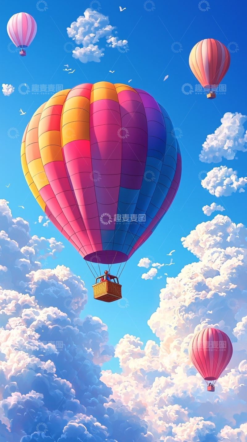 高清大图下载【趣麦麦图】彩色热气球在蓝天白云中飞翔