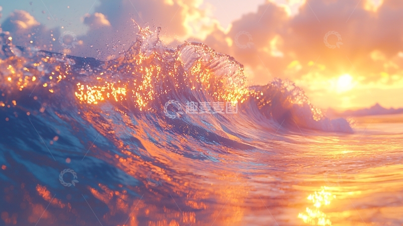 高清大图下载【趣麦麦图】金色夕阳下的海浪翻涌