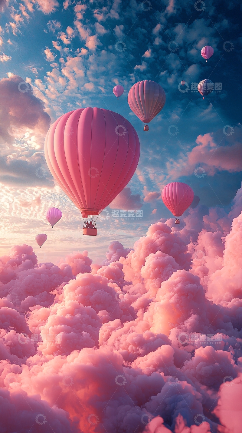高清大图下载【趣麦麦图】粉色热气球飞过云层