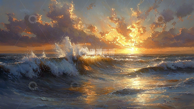 高清大图下载【趣麦麦图】海浪拍打海岸线的日落美景