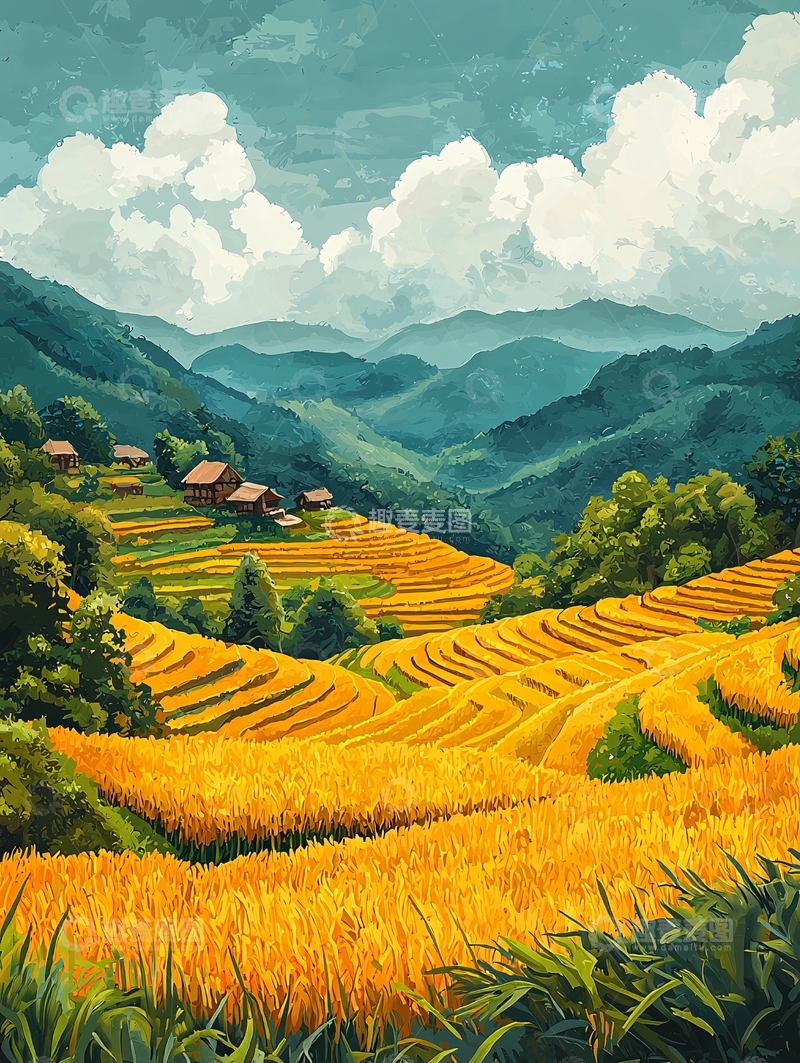 高清大图下载【趣麦麦图】金色稻田梯田风景