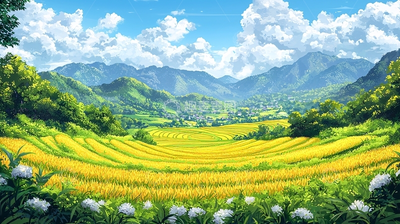 高清大图下载【趣麦麦图】金色稻田环绕的山谷风光