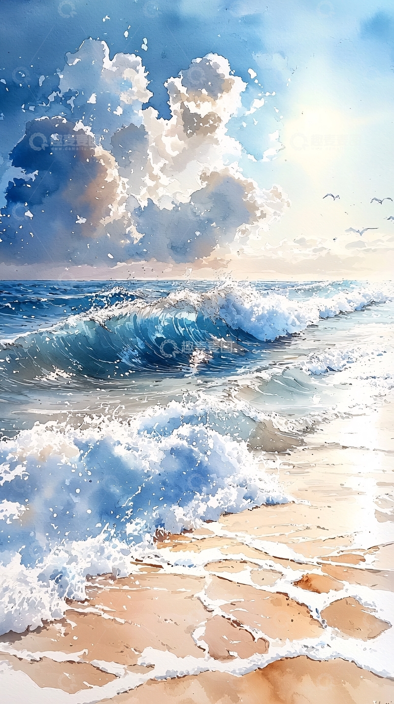 高清大图下载【趣麦麦图】水彩风格海浪沙滩唯美风景