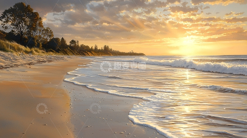 高清大图下载【趣麦麦图】金色沙滩的日落景色