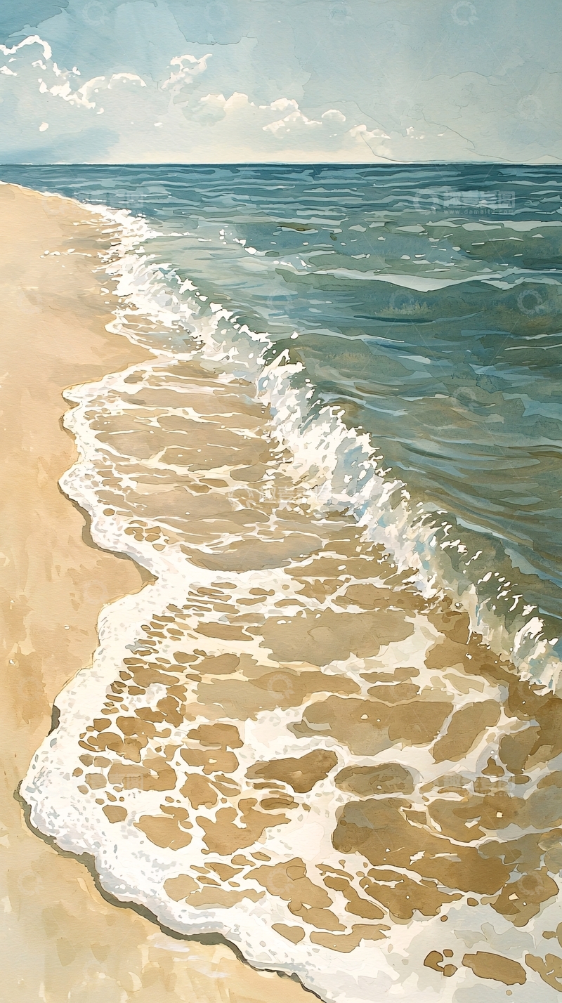高清大图下载【趣麦麦图】平静海面上的海浪拍打着沙滩
