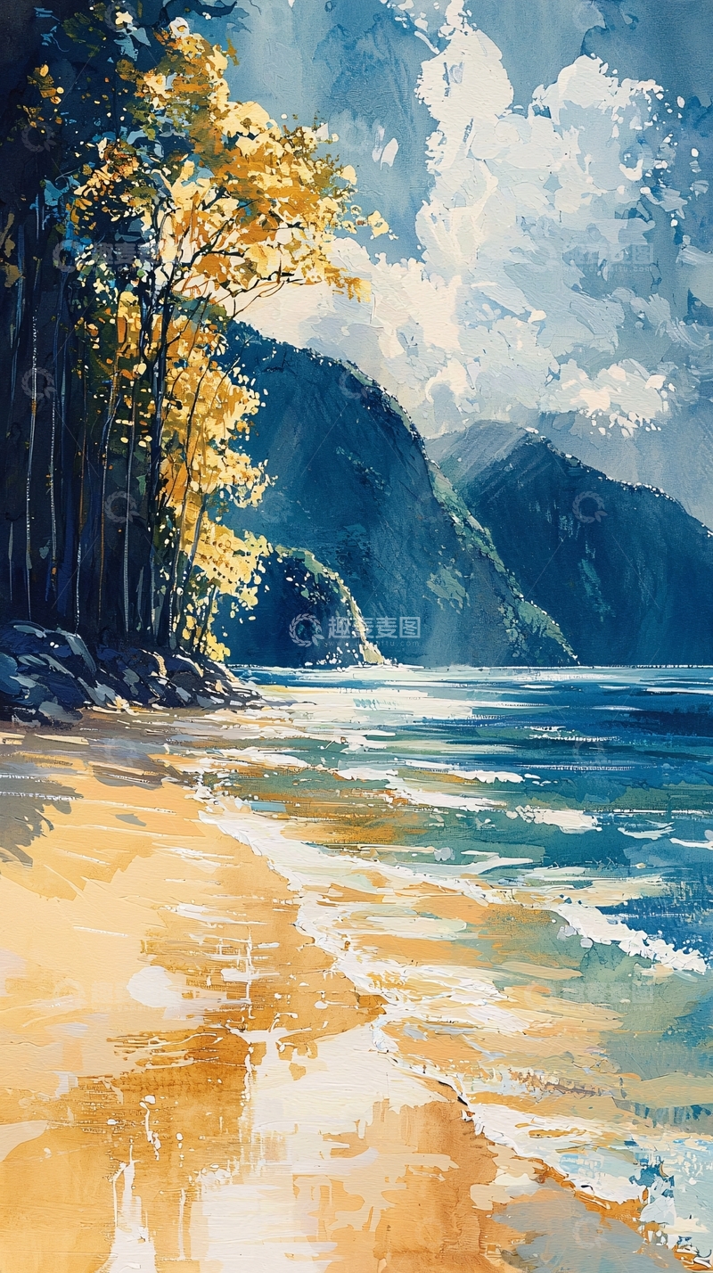 高清大图下载【趣麦麦图】海滩山峦油画风光