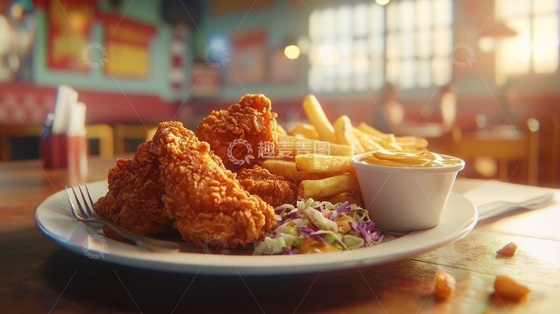 高清大图下载【趣麦麦图】炸鸡配薯条和沙拉
