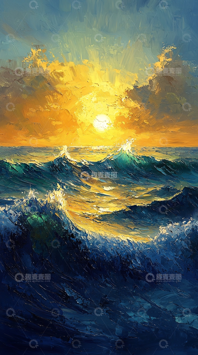 高清大图下载【趣麦麦图】海浪翻滚金色日出