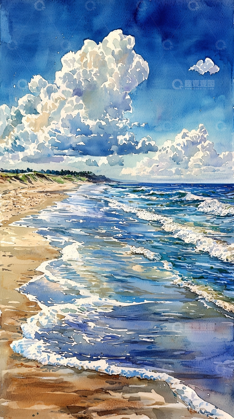 高清大图下载【趣麦麦图】海边水彩风景画