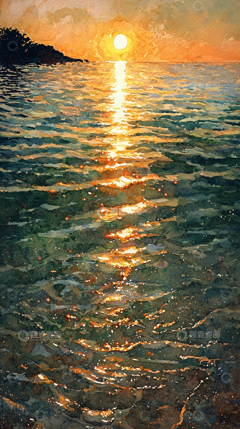 高清大图下载【趣麦麦图】水彩日落海面
