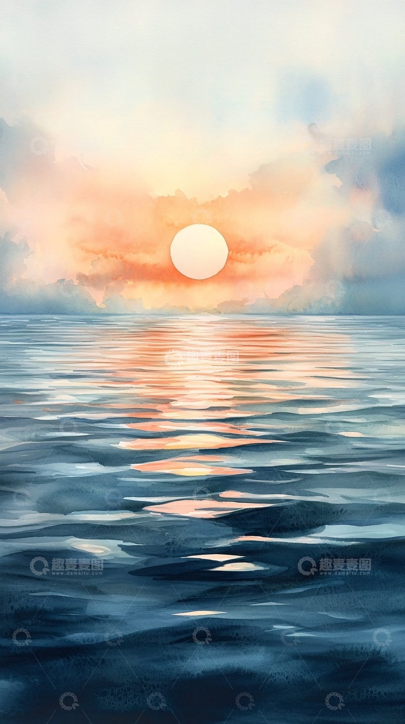高清大图下载【趣麦麦图】唯美日落海景绘画