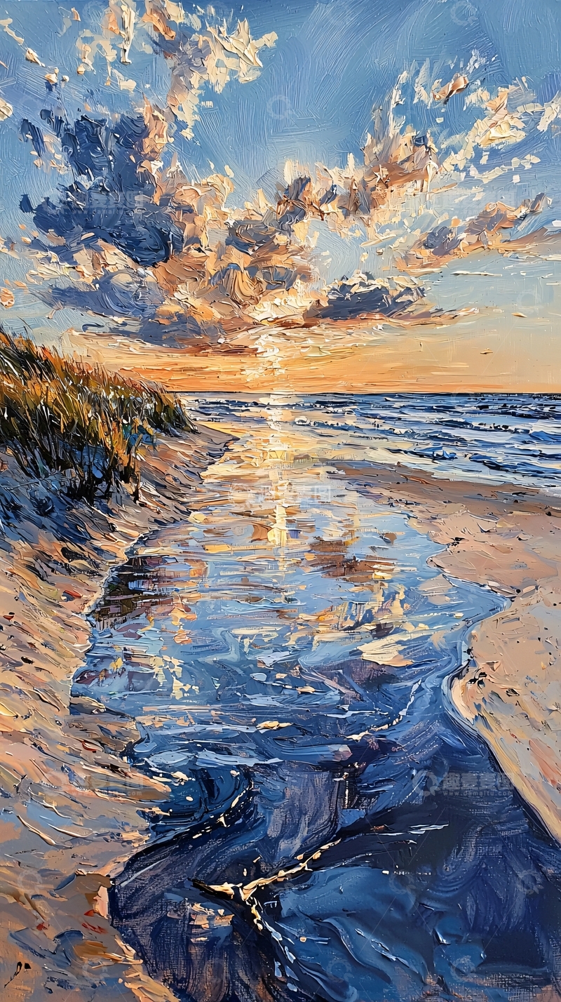 高清大图下载【趣麦麦图】海边日落的油画风景