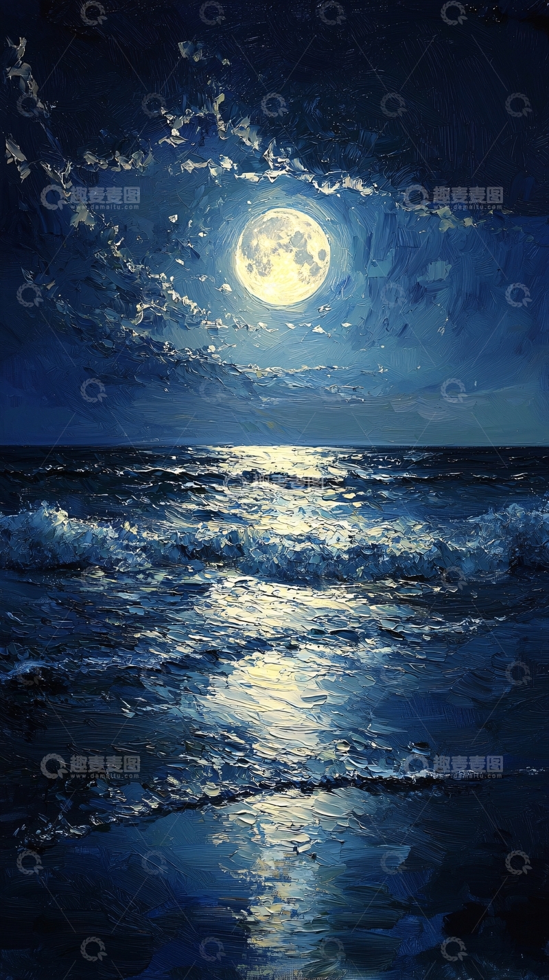 高清大图下载【趣麦麦图】海面明月夜色唯美油画