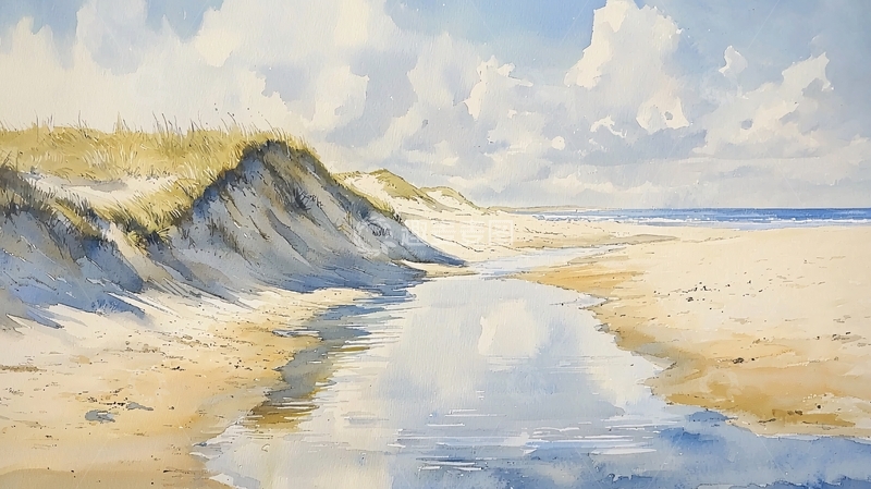 高清大图下载【趣麦麦图】沙滩风景水彩画