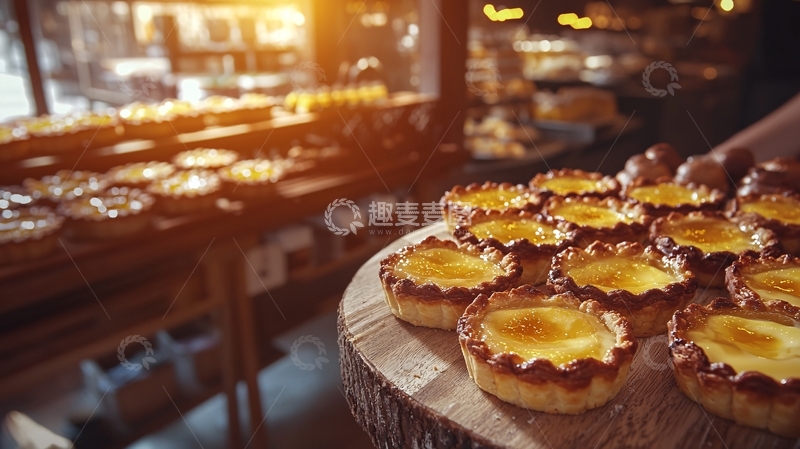 高清大图下载【趣麦麦图】木托盘上焦糖布丁挞