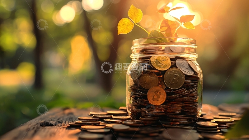 高清大图下载【趣麦麦图】阳光下玻璃罐里的硬币和植物